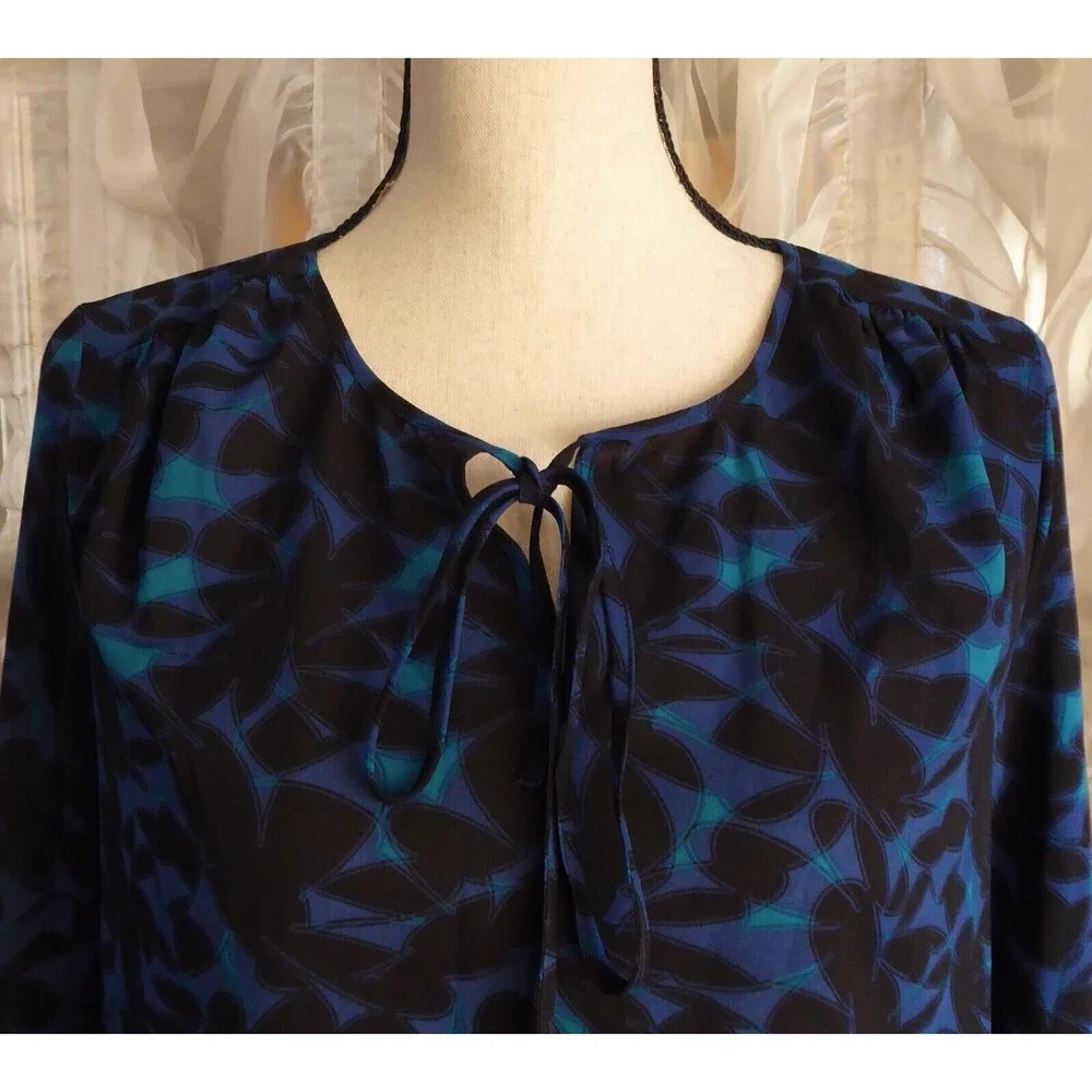 NWT J Crew Women Sheer Blouse Floral Blue Black Long sleeve Relax Fit
